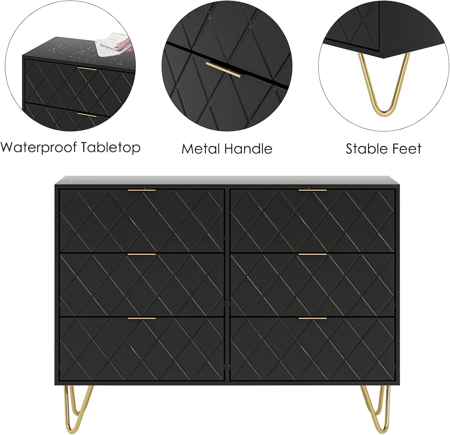 Cómoda de 6 cajones, moderna cajonera, cómoda de almacenamiento ancha con patas de metal, cómoda para dormitorio, sala de estar, armario, entrada,
