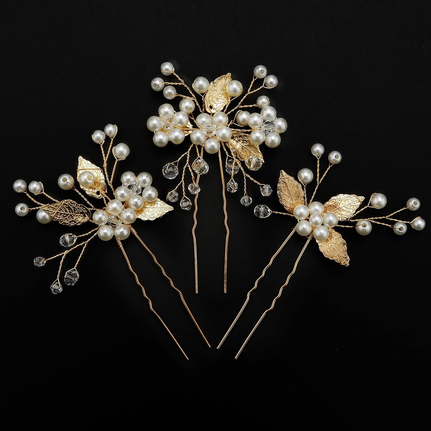 Pinzas para el pelo de boda con hojas doradas, horquillas de novia para baile de graduación, 3 piezas de perlas de cristal, accesorios para el