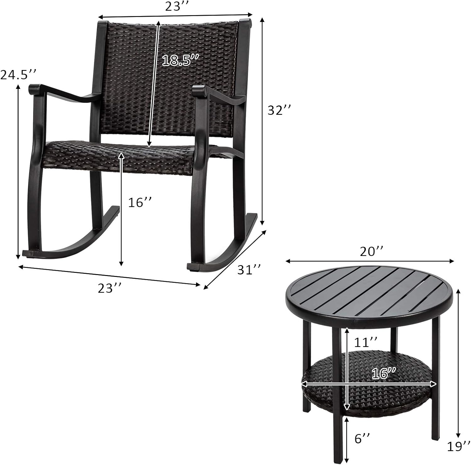 COSTWAY Juego de 3 sillas mecedoras de ratán para patio, mesa de café, estante de almacenamiento