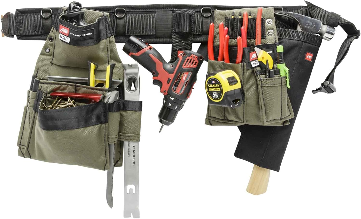 El sistema de cinturón de herramientas Diamondback Chopo, diestro, verde guardabosque, pequeño, para carpinteros, electricistas, techadores, paneles