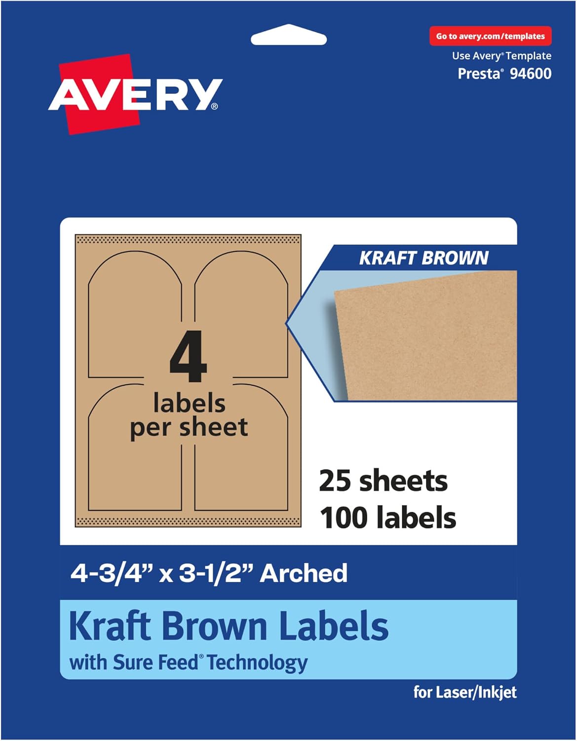 Avery Etiquetas de papel kraft marrón arqueadas con alimentación segura, 4.75 x 3.5 pulgadas, 100 etiquetas marrones Kraft, impresión hasta el