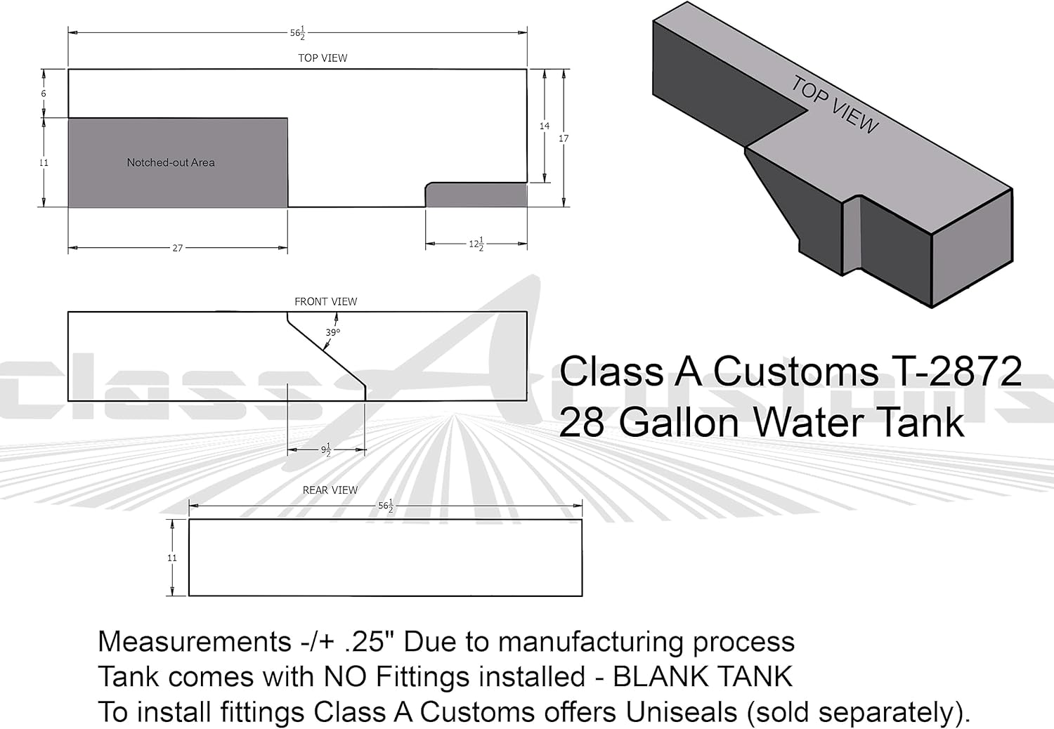 Aduanas Clase A  T-2872 RV Tanque de 28 galones para uso de agua fresca y gris  Ford Transit Sprinter Van  Camper y remolque de concesiónCamión de