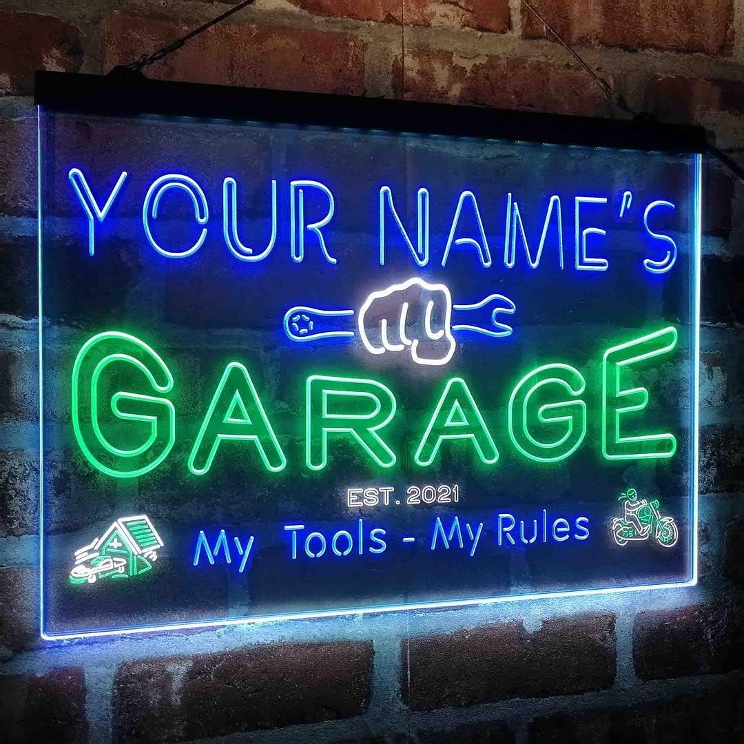 ADVPRO Letrero de luz de neón LED tricolor personalizado de garage, una decoración artística grabada en 3D  Personalizar nombre Fecha Texto Cita