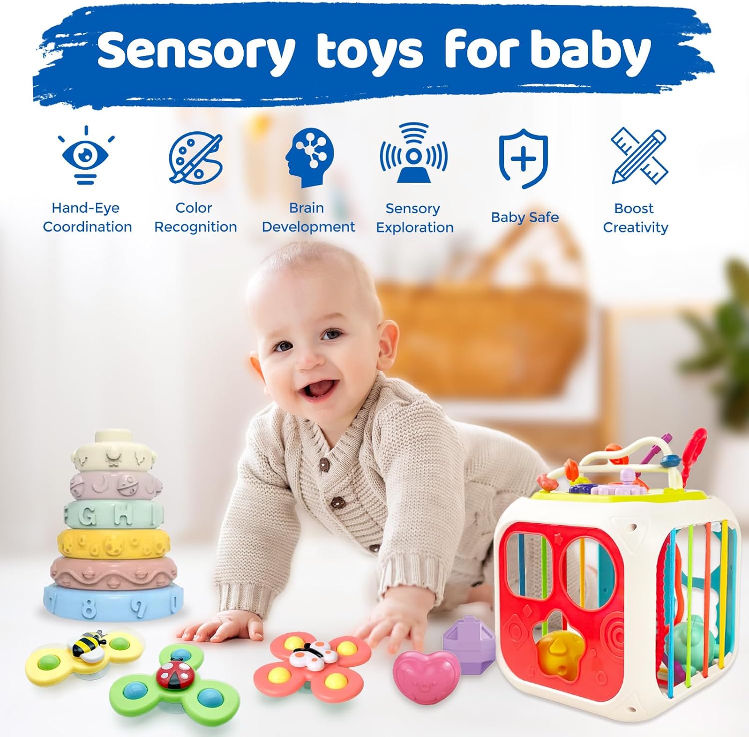 Juguetes Montessori 5 en 1 para bebés, juguetes sensoriales para niños pequeños, juguete de cuerda de tracción de viaje, clasificador de formas y