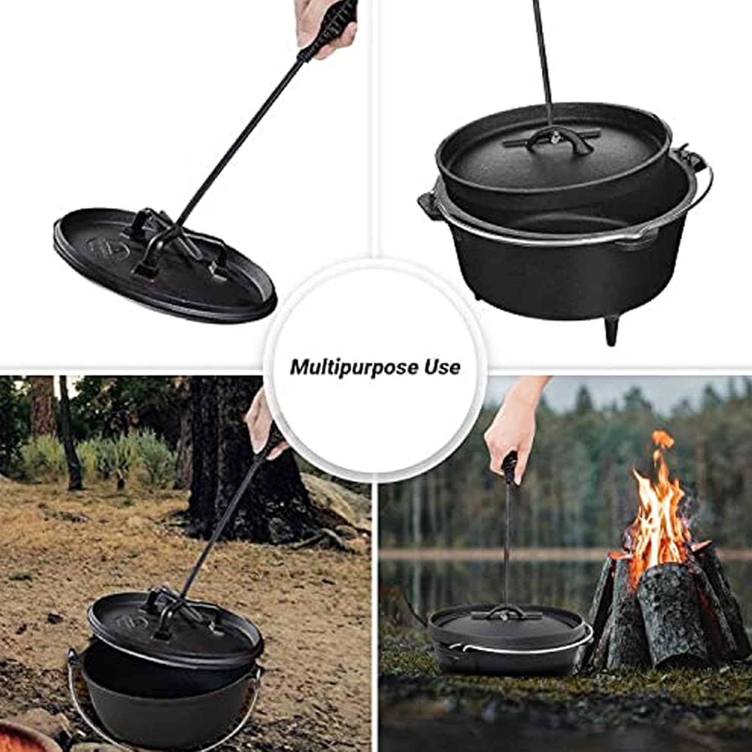 Topyond Levantador de tapa de horno holandés de hierro fundido de 7.7 in con mango en espiral para acampar al aire libre y senderismo, color negro