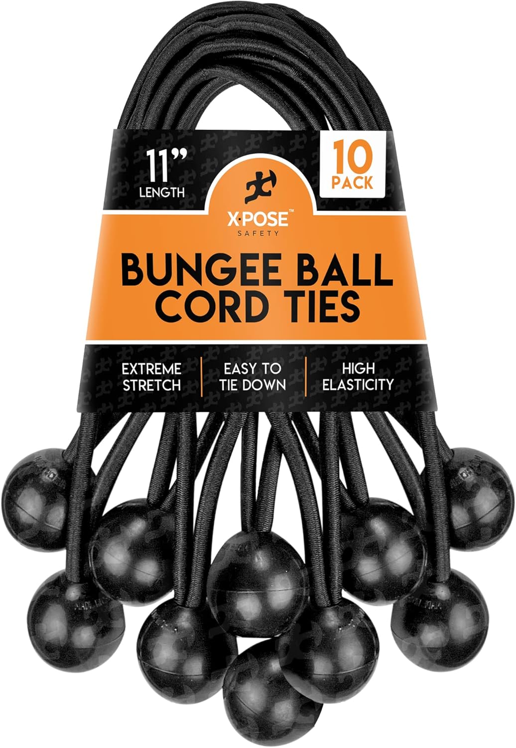 Xpose Safety Cuerdas elásticas de bolas de 11 pulgadas, paquete de 10 cuerdas elásticas negras resistentes con lazos de bolas para toldos, lonas,