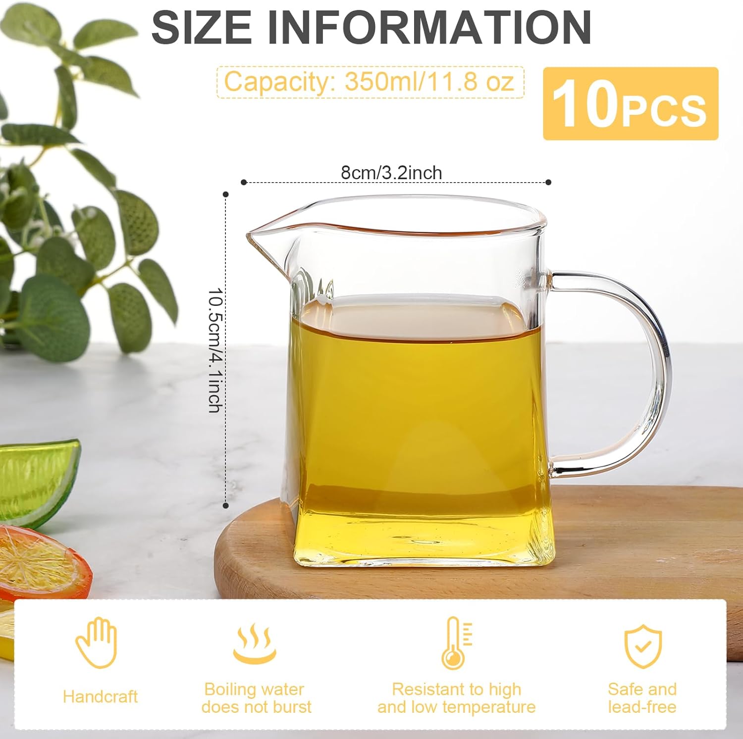 10 jarras cuadradas de vidrio de 11.8 onzas, jarra pequeña de vidrio para espumar leche, resistente a altas temperaturas, taza espumadora de leche
