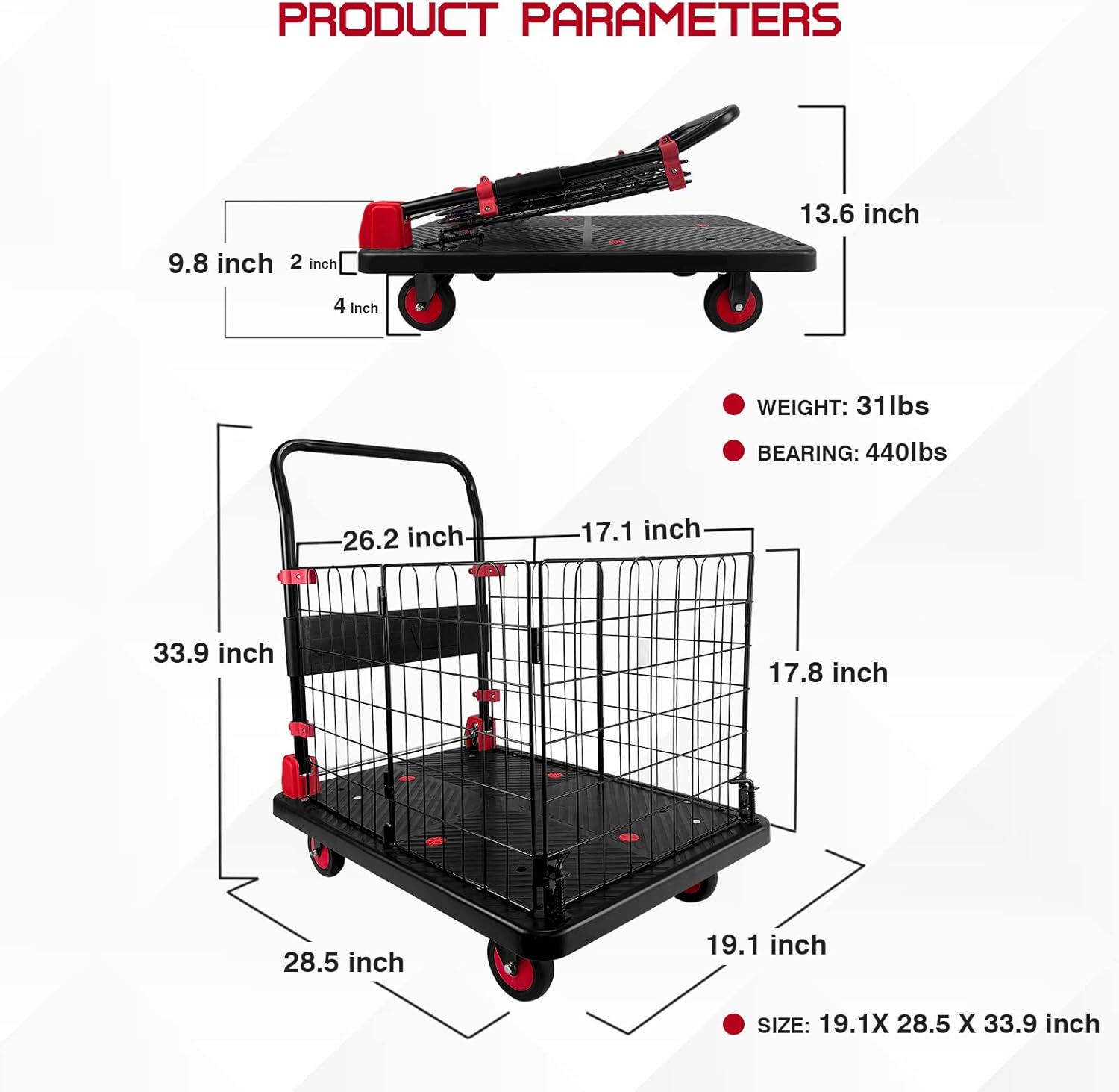 Carrito de plataforma con jaula, carrito plegable de empuje de 440 libras de capacidad con ruedas giratorias de 360 grados TPR de 5 pulgadas,