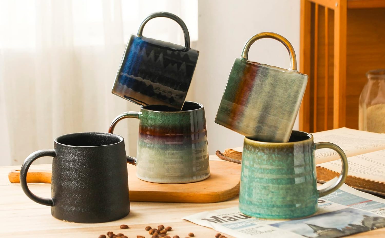 masoline Taza de café grande de cerámica, tazas de cerámica hechas a mano, tazas de té con mango grande para oficina y hogar, 15.5 onzas, aptas para