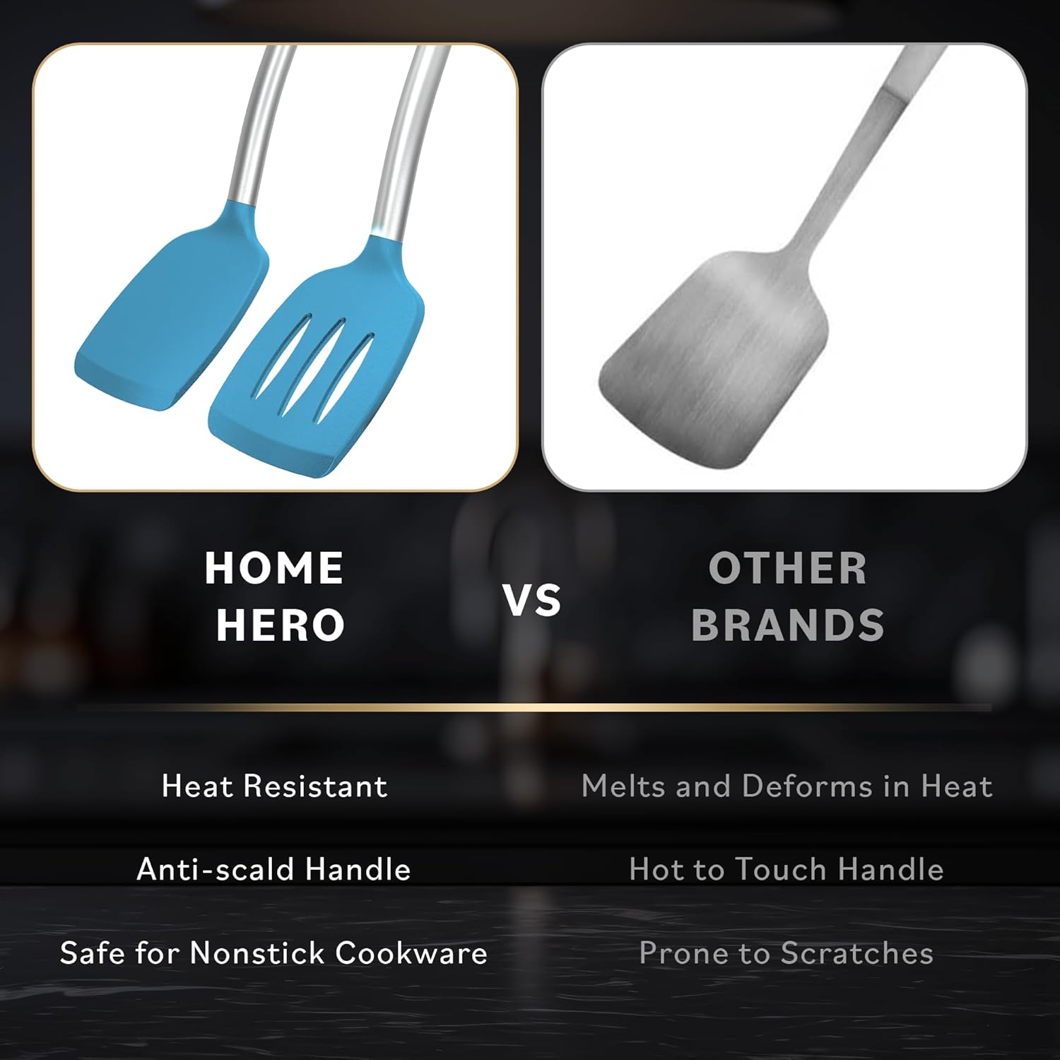 Home Hero Juego de espátulas de silicona, espátula sólida de acero inoxidable y espátula ranurada, juego de utensilios de cocina antiadherentes sin