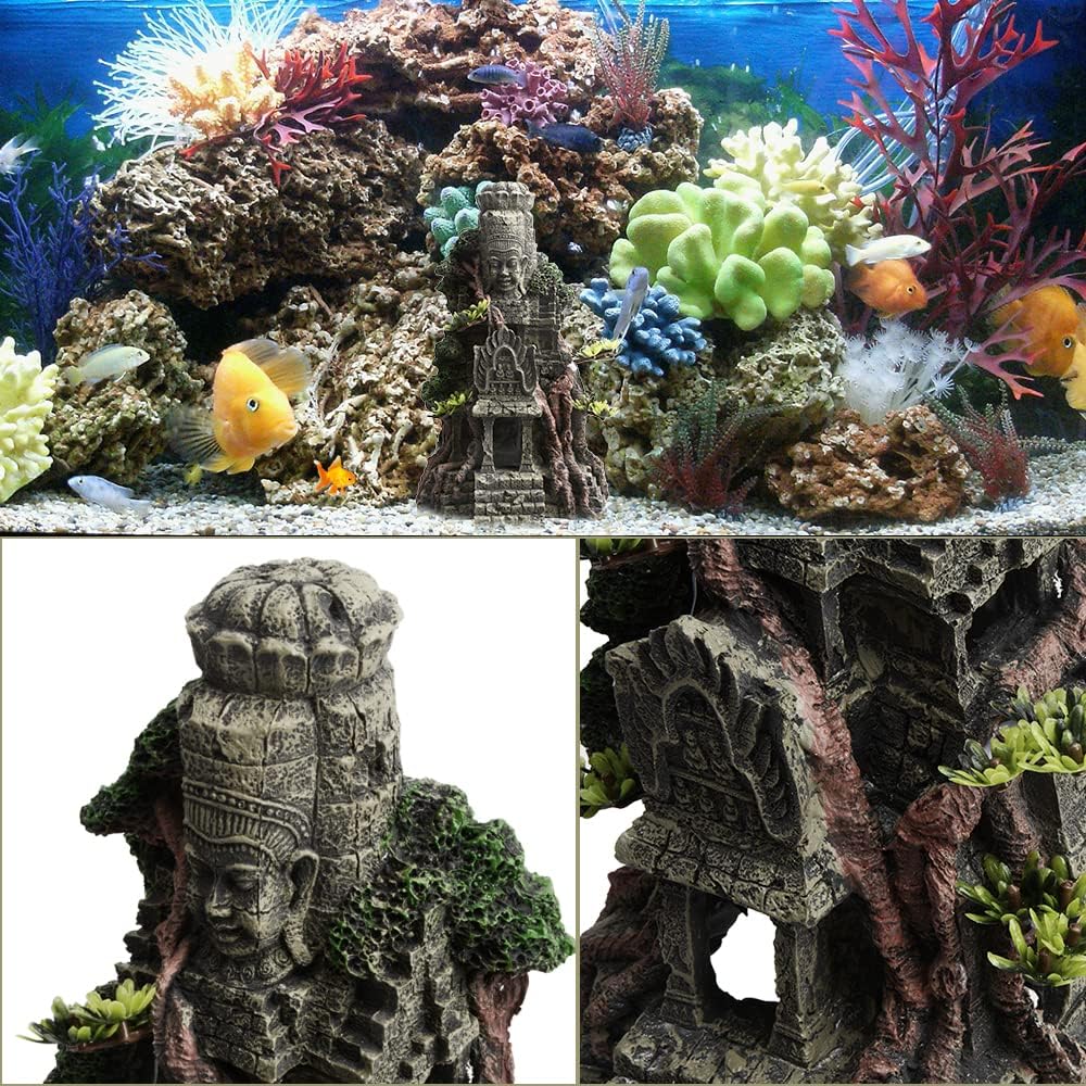 Saim Decoración de templo de estatua de Buda de Angkor Wat, decoración de acuario de Buda para pecera, estatua de Buda grande con adorno de árbol,