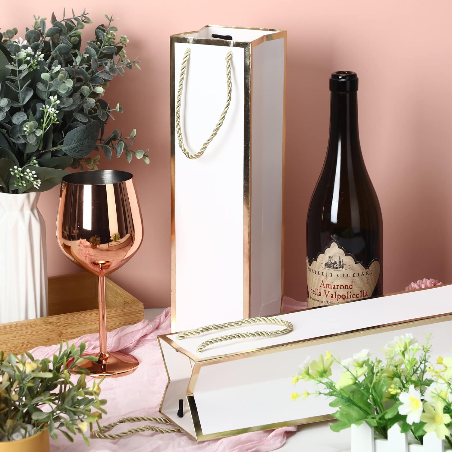 Outus 100 bolsas de regalo de vino, bolsas de botellas de vino con asas de 13.8 x 3.8 x 3.8 pulgadas, elegantes bolsas de papel kraft de licor y