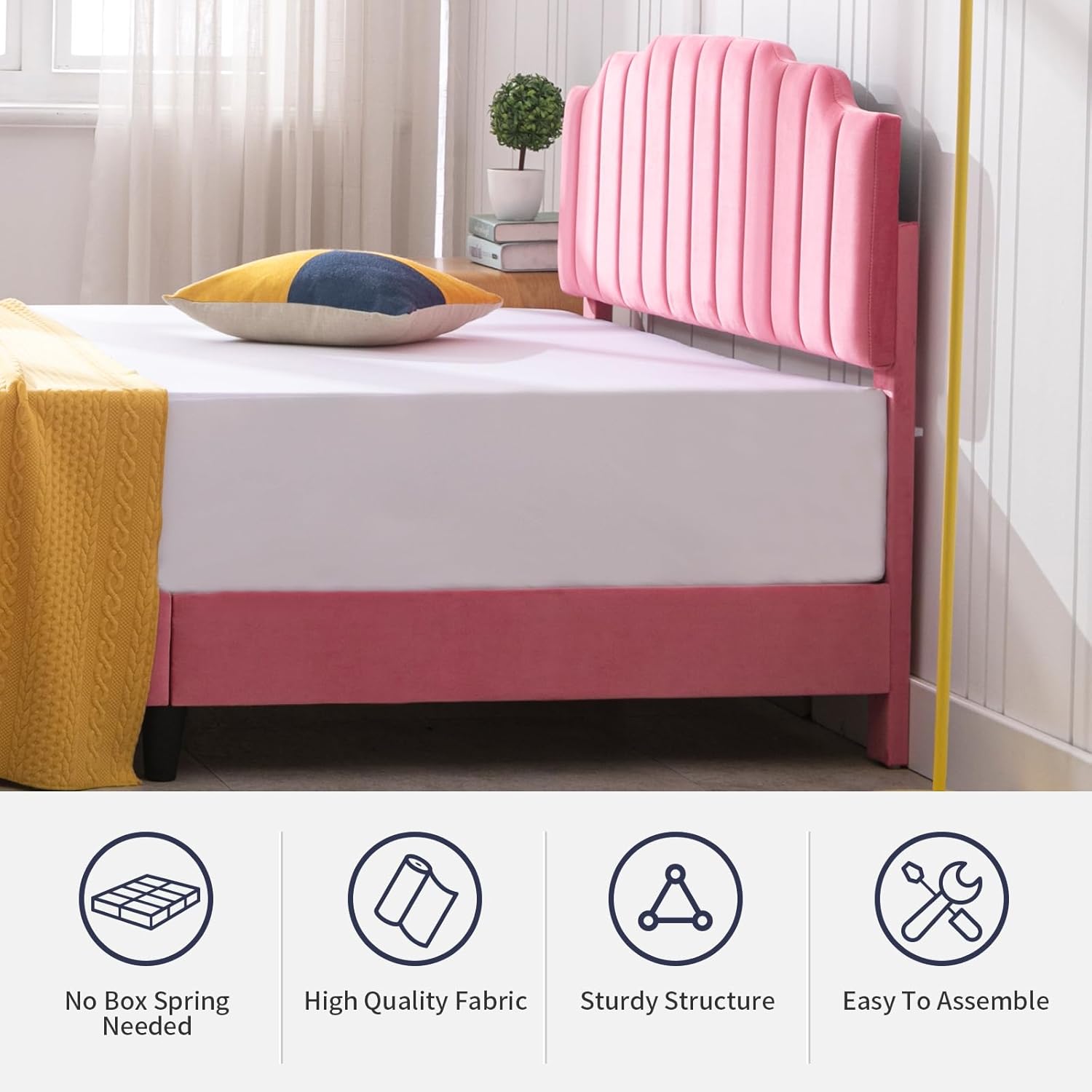 Zafly – Marco de cama de tamaño matrimonial para niños con cabecera y estribo, marco de cama para dormitorio infantil, plataforma de cama tapizada