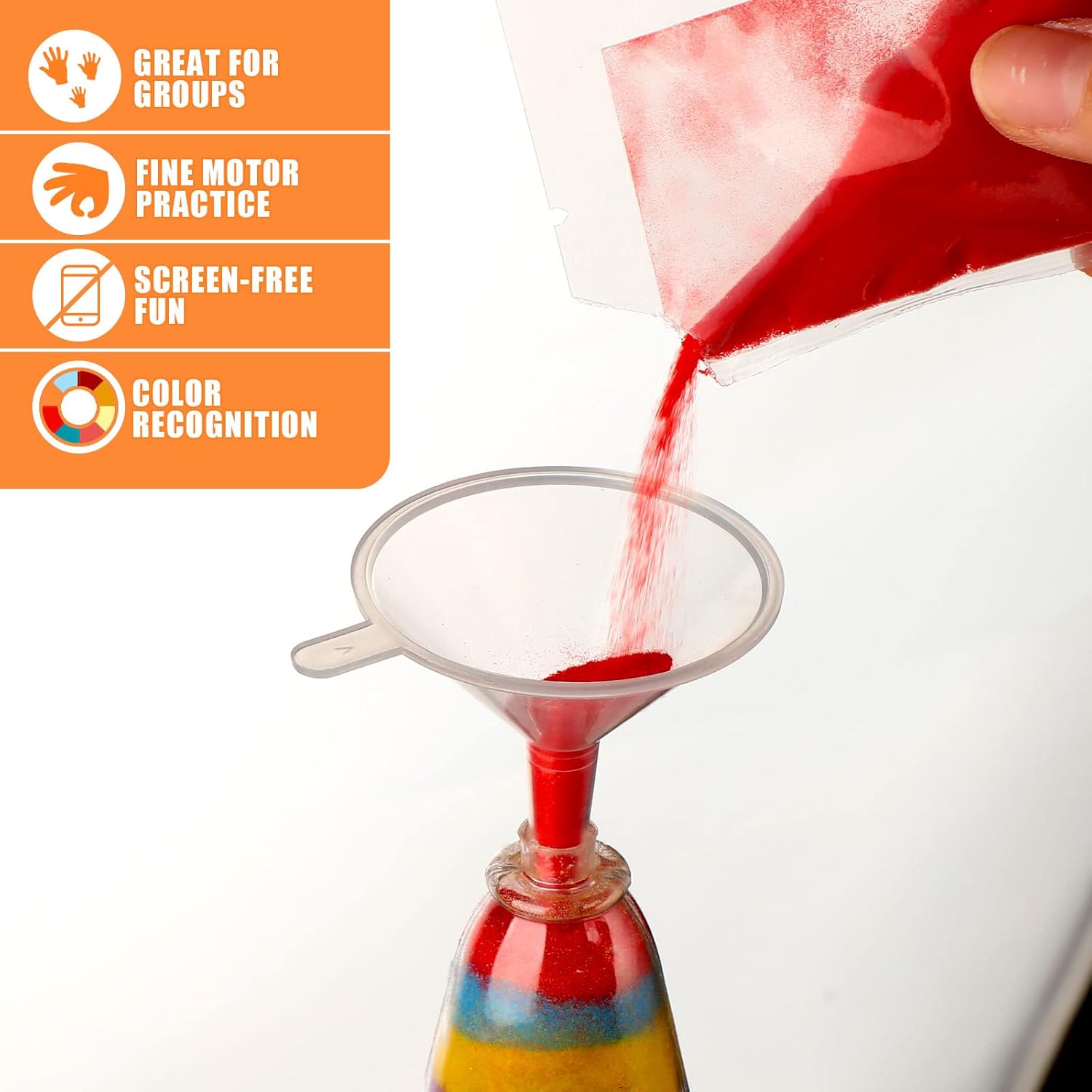Kits de arte de arena para niños, incluye 182 bolsas de arena de colores, 26 botellas de arte de arena transparente, 26 embudos, crea tus propias