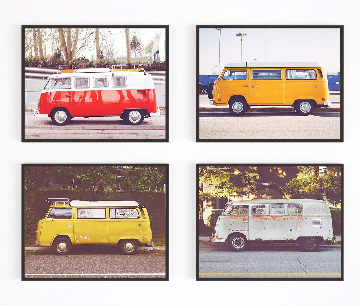 Antique Van Photography Photographic Prints, Set of 4, Unframed, Vintage Classic cars bus, hippie, peace, Art Decor Poster Sign, 8×10 Inches