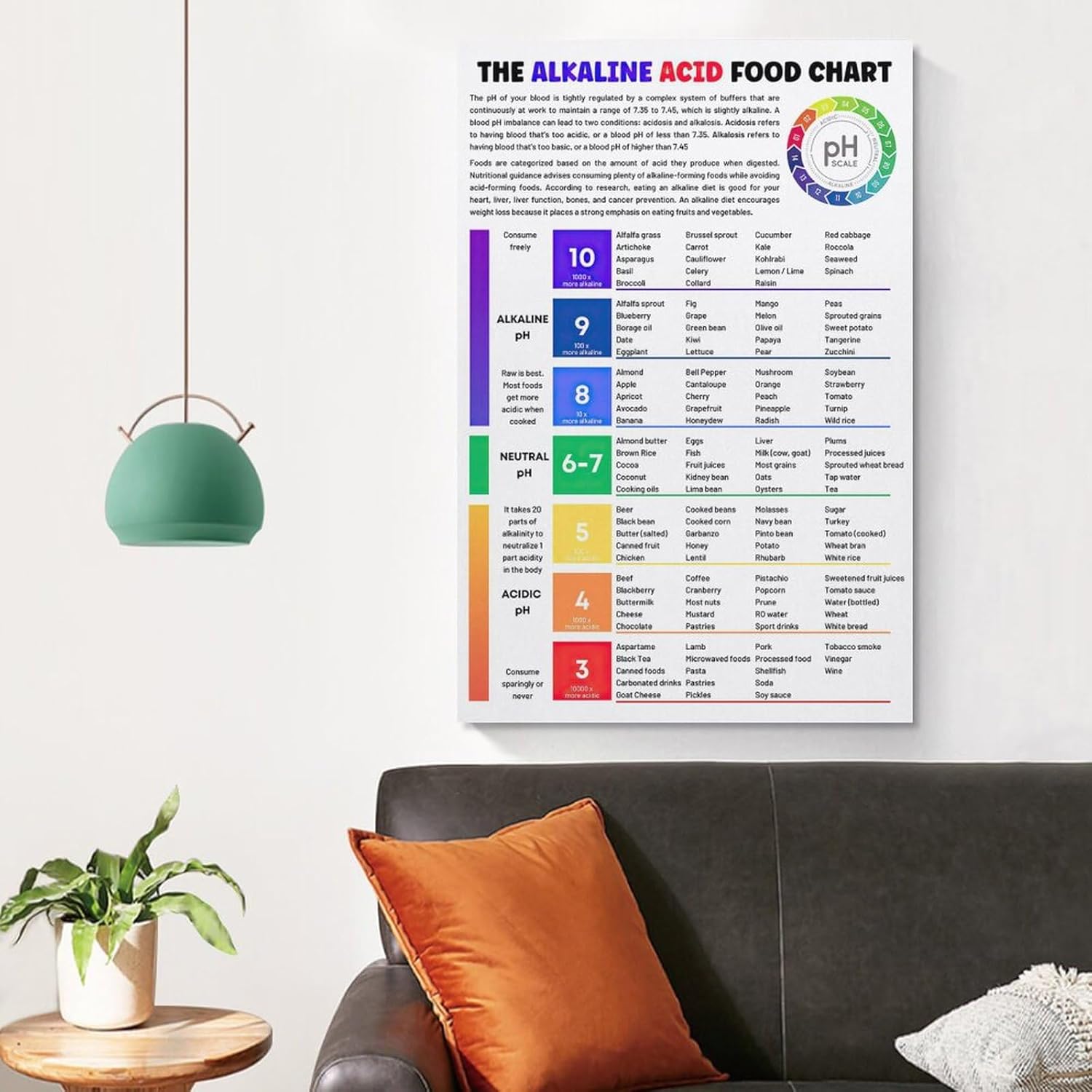 FGRID Póster educativo con texto en inglés The Alkaline Acid Food Chart Food Chart, póster educativo de nutrición para dormitorio, sala de estar, 12