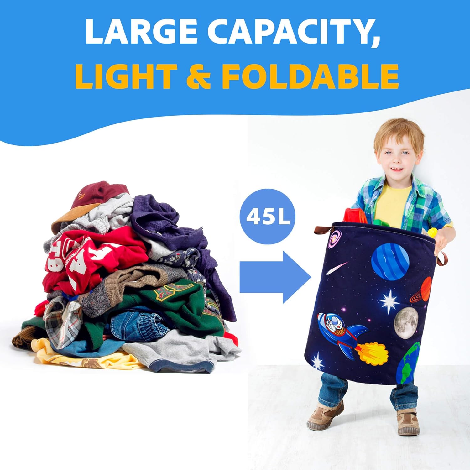 Cesta de lavandería para niños, tema de cohete espacial de astronauta, impermeable, plegable con asas, cesta de lona para cuarto de bebé de 45 L,