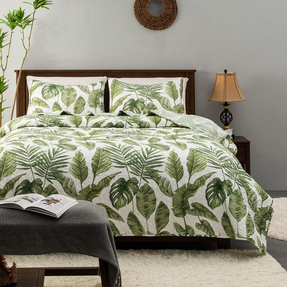 HORIMOTE HOME Juego de edredón de plantas tropicales de 2 piezas, tamaño individual, hojas de palma verde, estilo selva, juego de ropa de cama