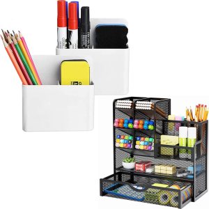 Soporte magnético para marcadores de borrado en seco + soporte de malla para bolígrafo con cajón Soporte magnético para marcadores de borrado en seco + soporte de malla para bolígrafo con cajón