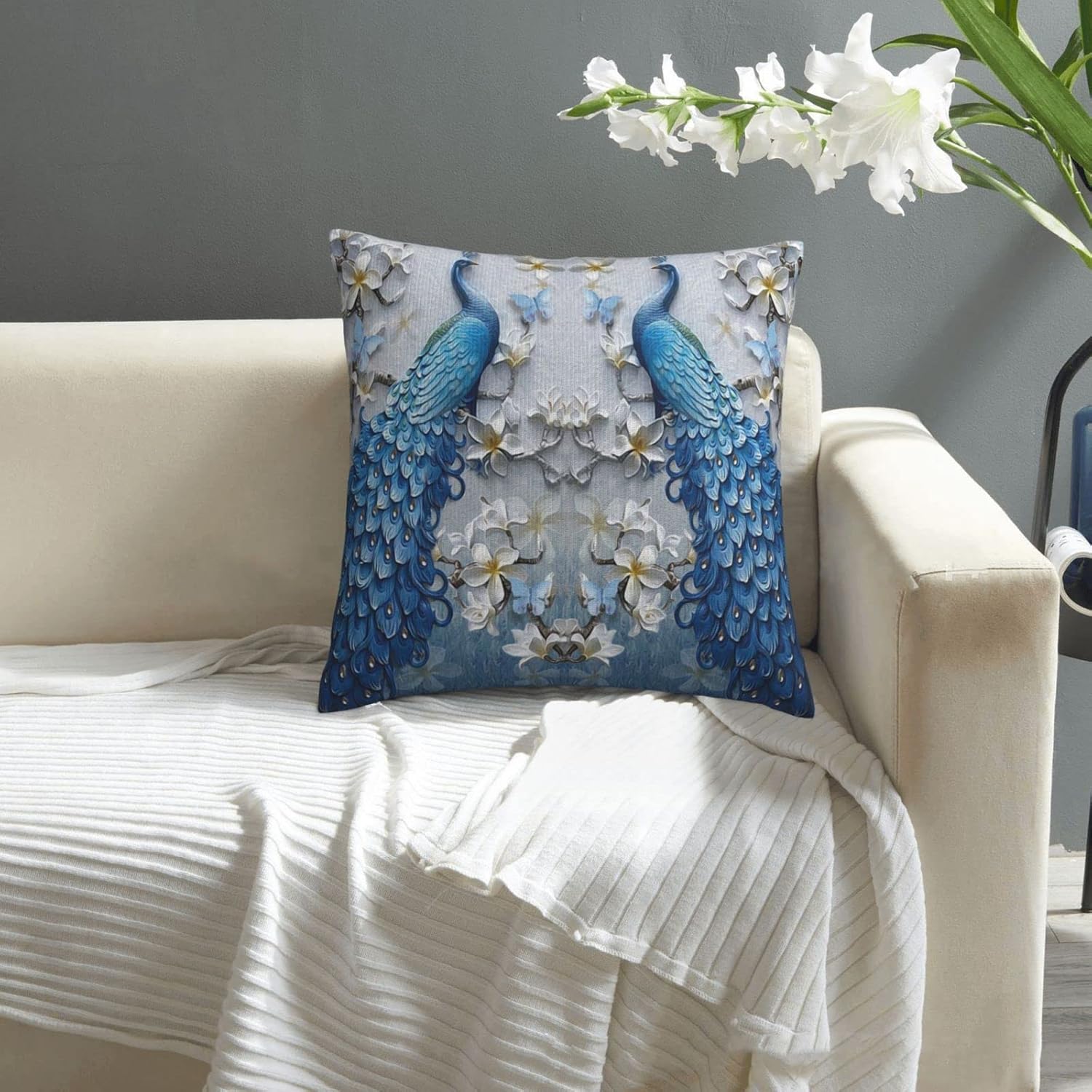 Fundas de almohada cuadradas, hermosas y elegantes fundas de almohada decorativas para el hogar, dormitorio, sofá, flores, mariposas, diseño de arte