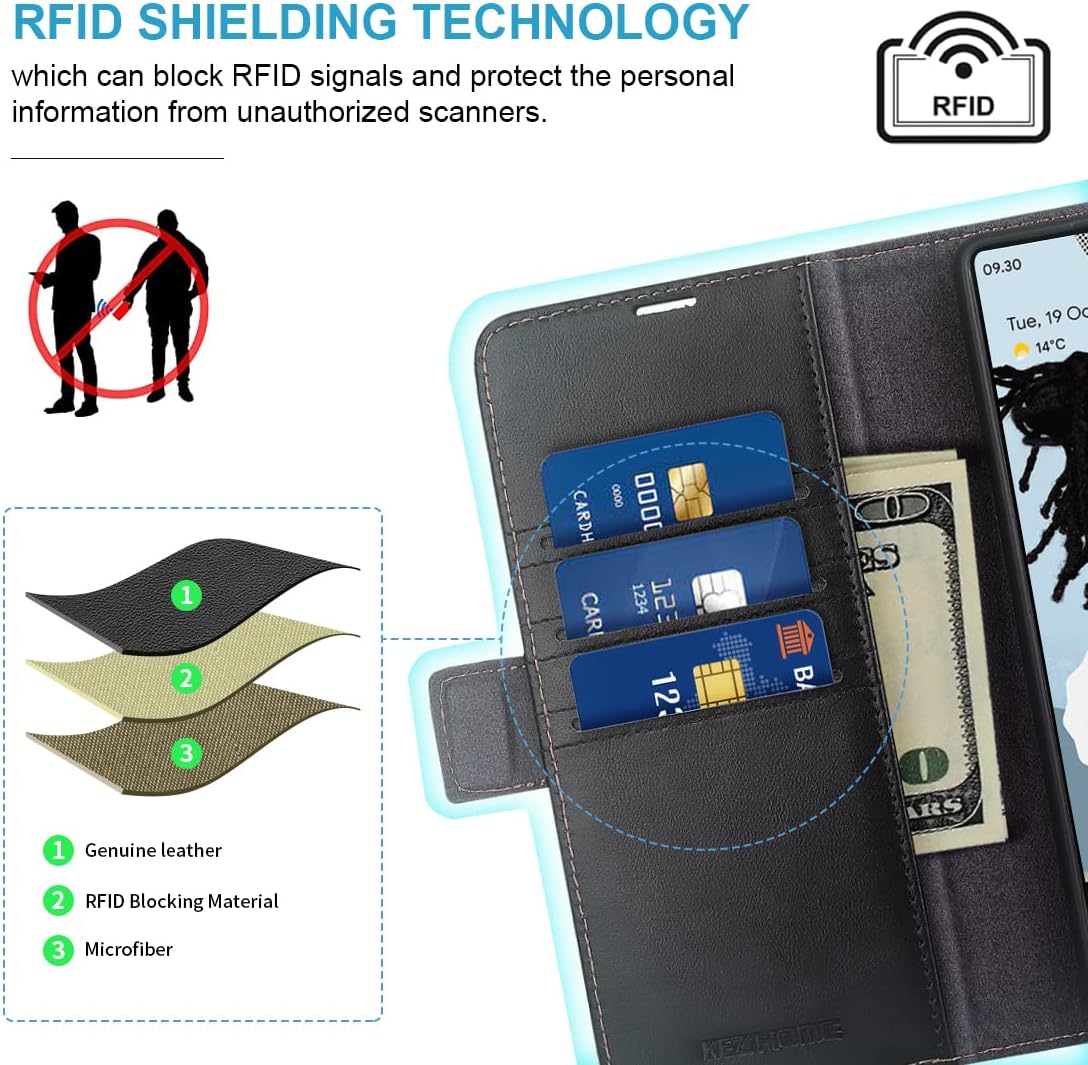 KEZiHOME Funda para Google Pixel 7, piel auténtica bloqueo RFID Funda tipo cartera con tarjetero y función atril con tapa protectora resistente para