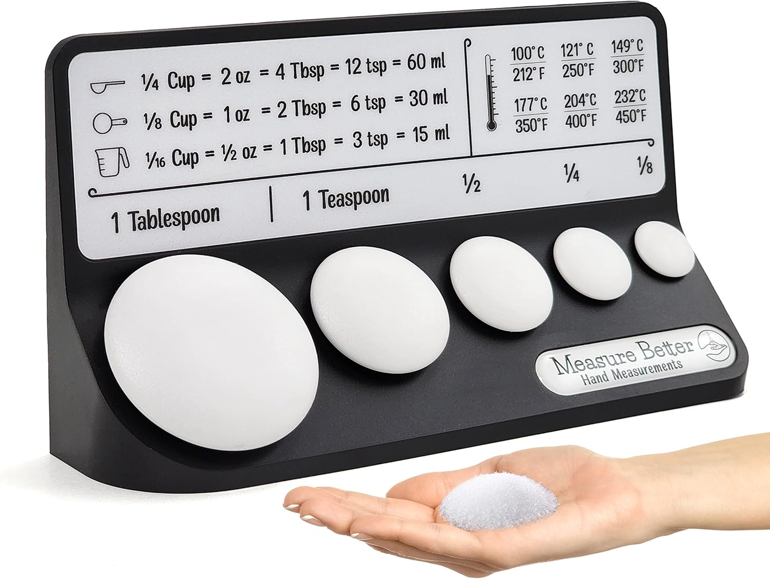 Tabla de conversión de cocina, referencia visual para verter especias en la palma de la mano, alternativa de cuchara medidora (negro)