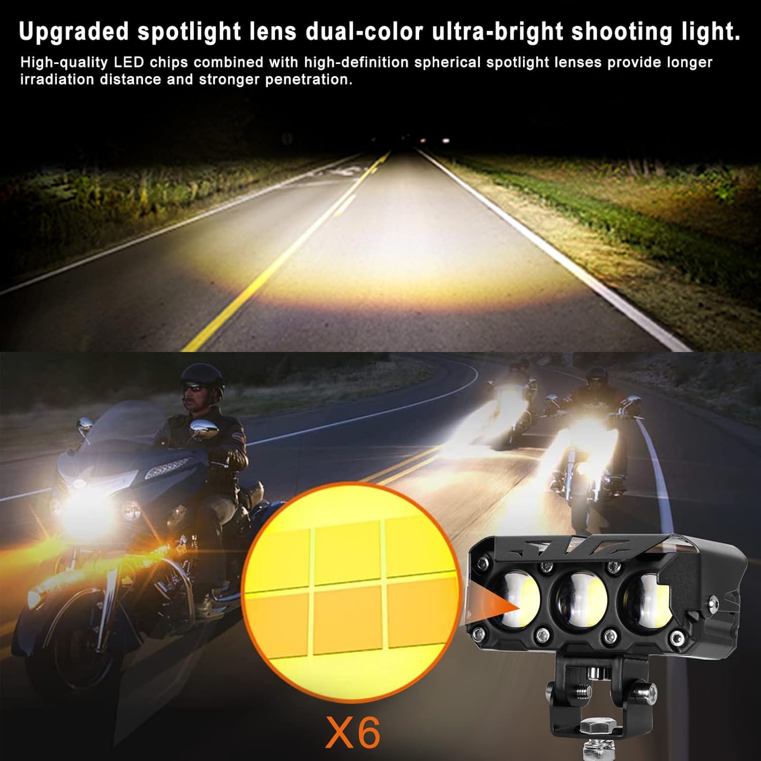 KAWELL Luz de conducción LED de 60 W, luz antiniebla auxiliar, foco LED, IP68, impermeable, doble color, luz de trabajo LED para motocicleta,