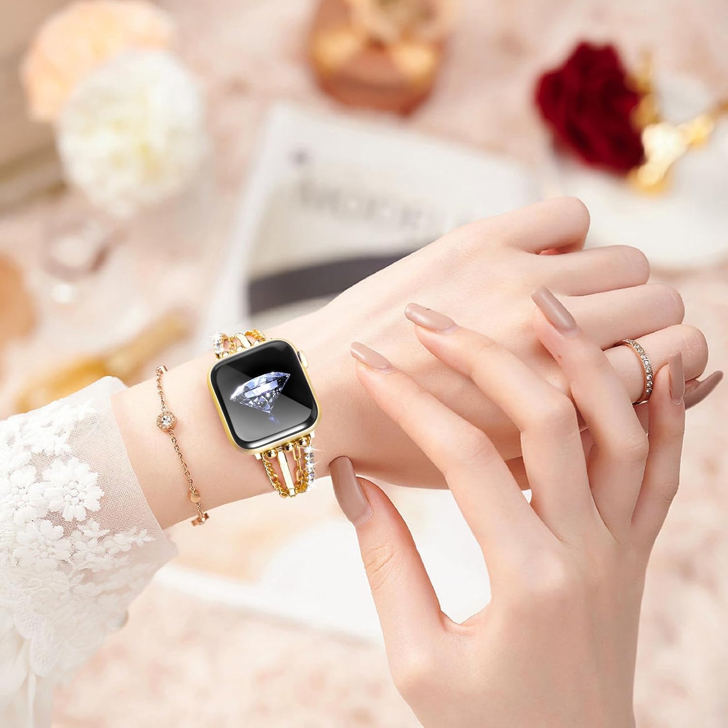 CAGOS Pulsera de cadena compatible con Apple Watch Band de 1.49, 1.57, 1.61, 1.65, 1.73 y 1.77 pulgadas, correa delgada de acero inoxidable de metal