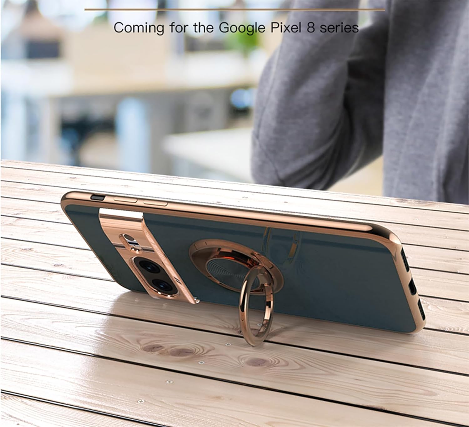 Funda para Google Pixel 8  Slim Fit soporte giratorio de anillo lujoso color dorado metal cubierta de silicona suave TPU protección a prueba de