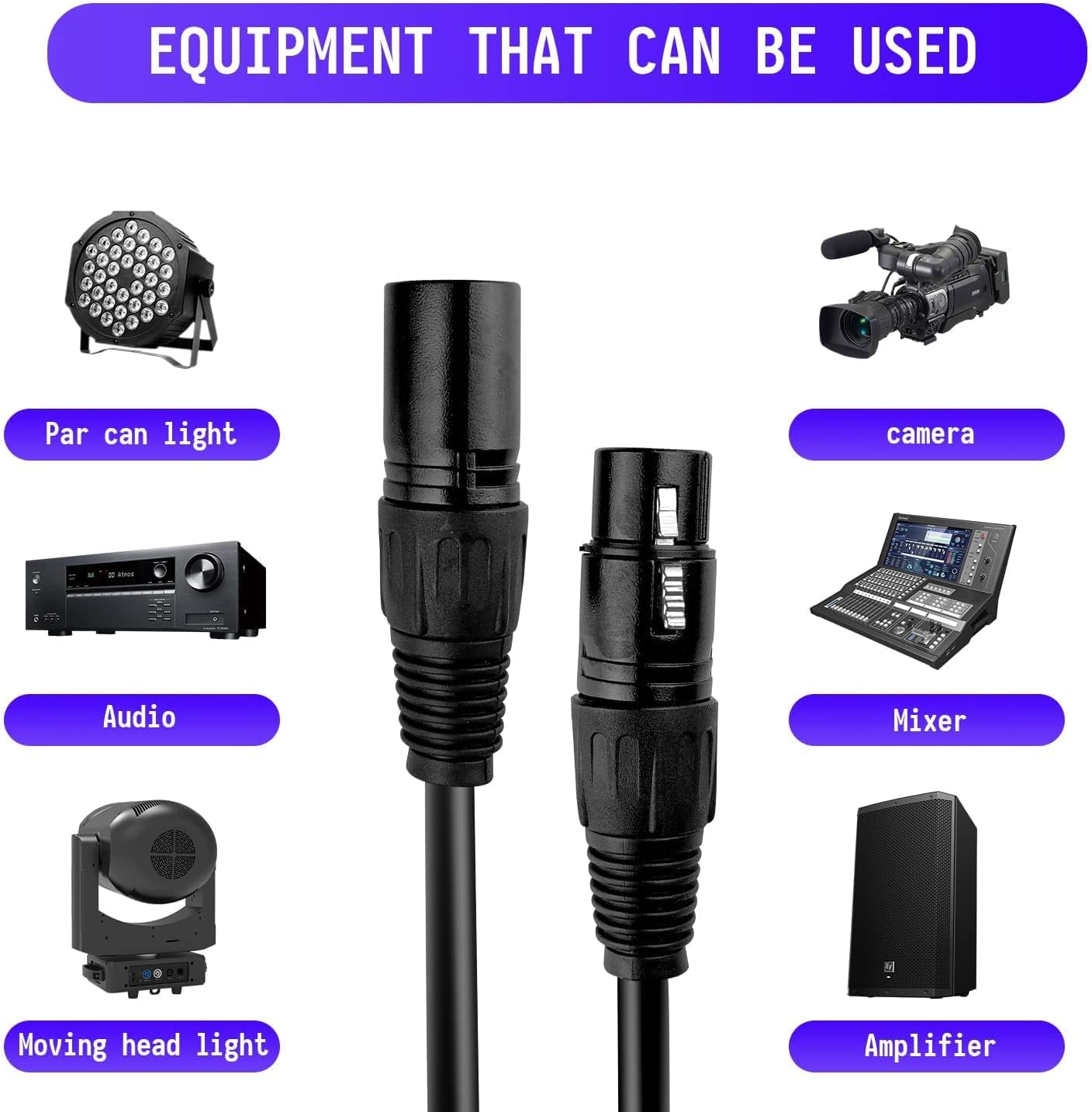 Cable DMX de 10 pies, paquete de 10 cables flexibles de señal XLR macho a hembra, adecuado para señal de iluminación de escenario, conexión XLR,