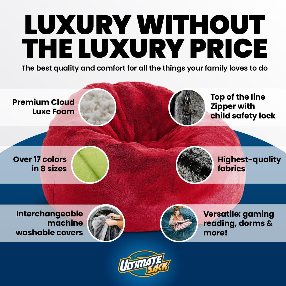 Ultimate Sack 6000 – Puf con reposapiés Muebles con relleno de espuma gigante fundas lavables a máquina, costuras dobles cosidas, forro interior