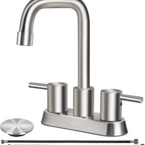 SOKA Centerset – Grifo de baño con 2 asas de 4 pulgadas, fregadero de mano comercial, grifo táctil de 3 agujeros, níquel cepillado, palanca L SOKA Centerset – Grifo de baño con 2 asas de 4 pulgadas, fregadero de mano comercial, grifo táctil de 3 agujeros, níquel cepillado, palanca L
