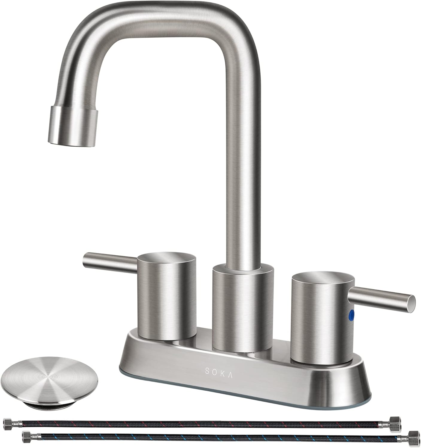 SOKA Centerset – Grifo de baño con 2 asas de 4 pulgadas, fregadero de mano comercial, grifo táctil de 3 agujeros, níquel cepillado, palanca L