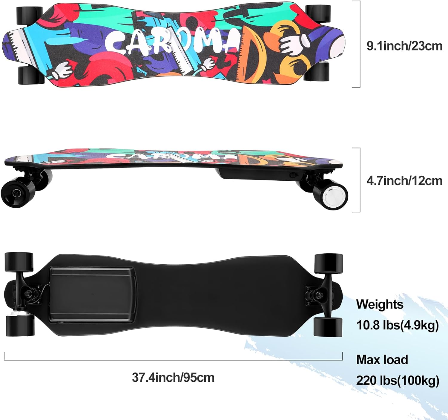 Caroma Electric Skateboards with Remote, 350W Powerful Motor, 12.4MPH Top Speed, 4000mAH Battery, 13 Miles Max Range E Skateboard, 4 Speed Mode