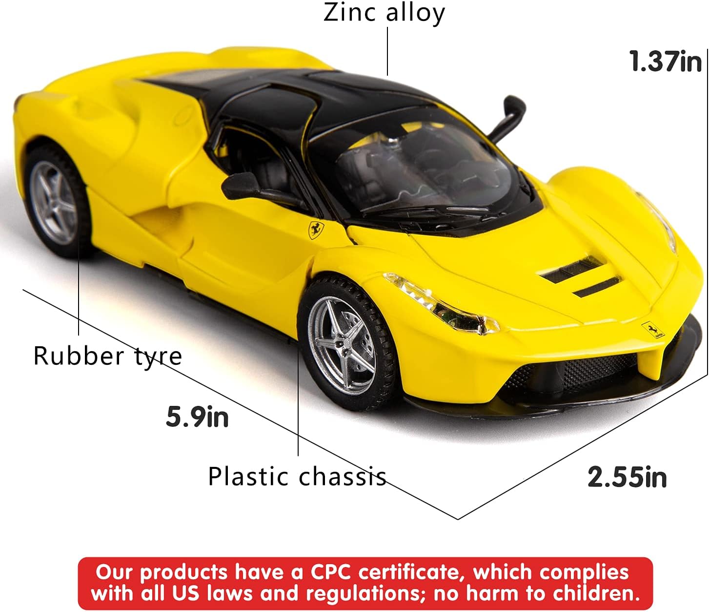 BDTCTK Compatible con el modelo de automóvil Ferrari 132 con sonido y luz para niños y niñas, juguete para puerta de cuerpo de metal, color amarillo