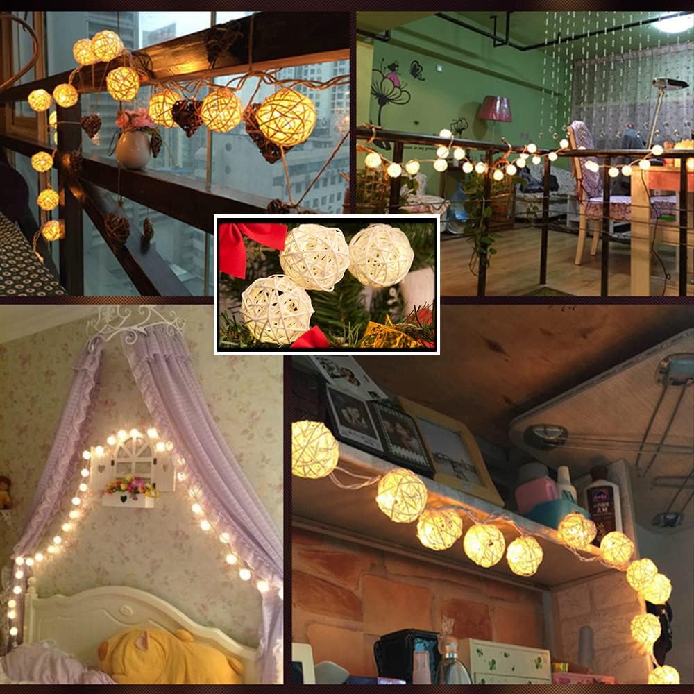 Guirnalda de luces de hadas de bola de ratán de 9.8 pies y 20 pies enchufable, iluminación cálida romántica flexible para decoración del hogar