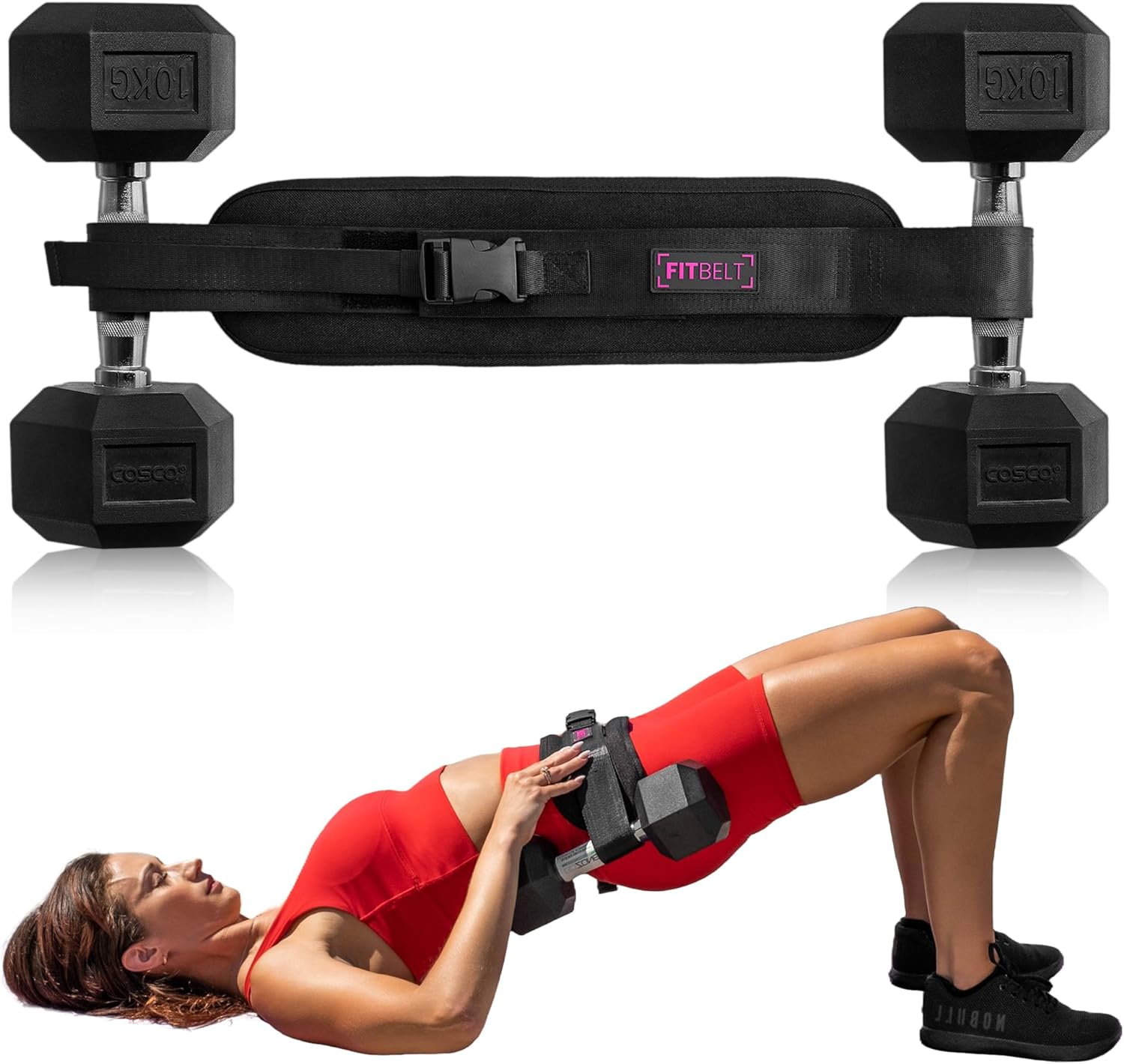 FITBELT Cinturón de empuje de cadera para ejercicio, entrenador de glúteos para entrenamientos en casa con acolchado extra, cinturón de empuje de