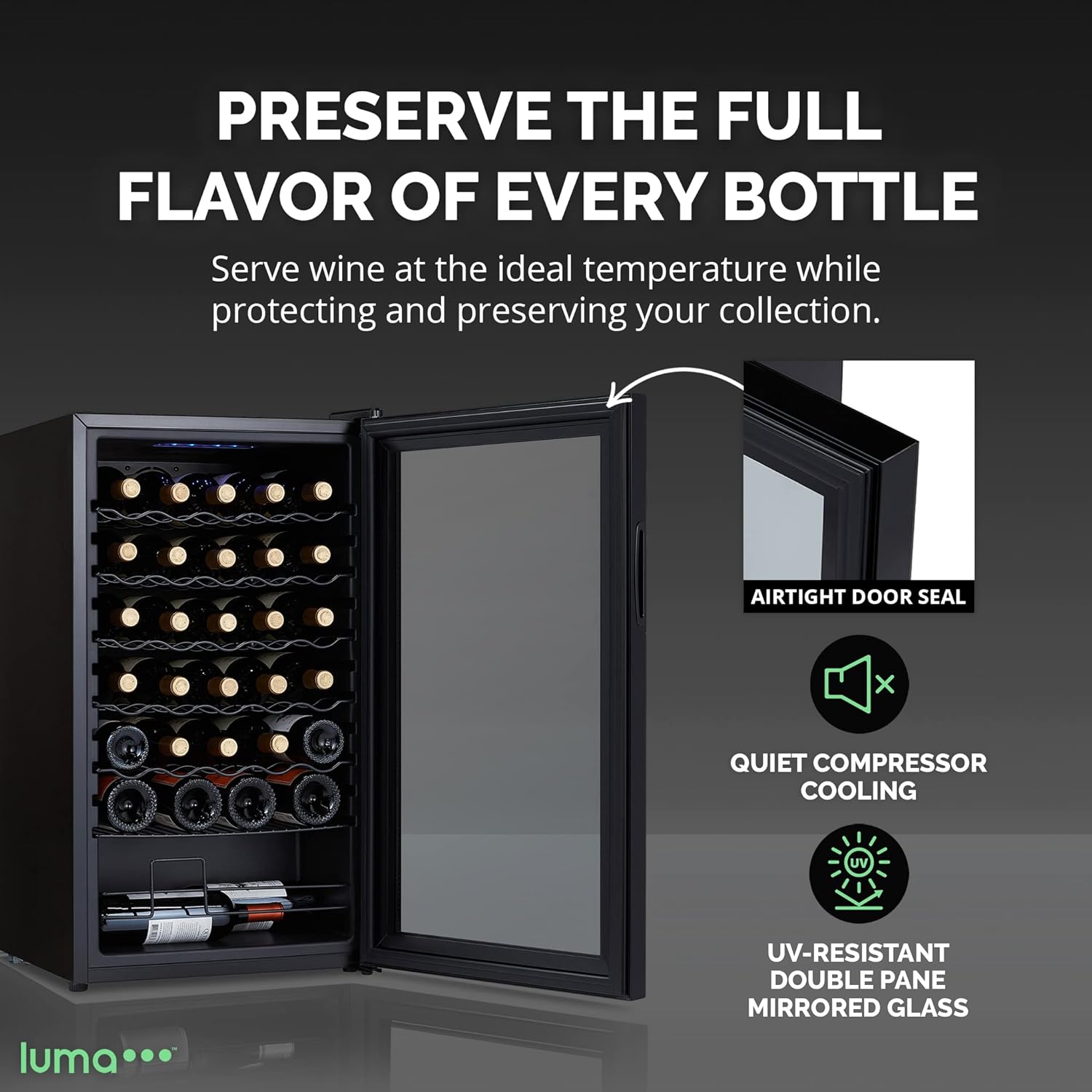 Luma Comfort Shadow Series – Refrigerador de vino de 34 botellas, refrigerador de vino con espejo independiente con puerta de vidrio templado de