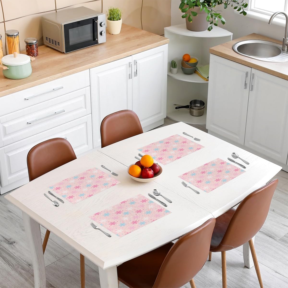 Juego de 4 manteles individuales de Navidad de 12 x 18 pulgadas, diseño de copos de nieve de Navidad para mesa de comedor, interiores y exteriores,