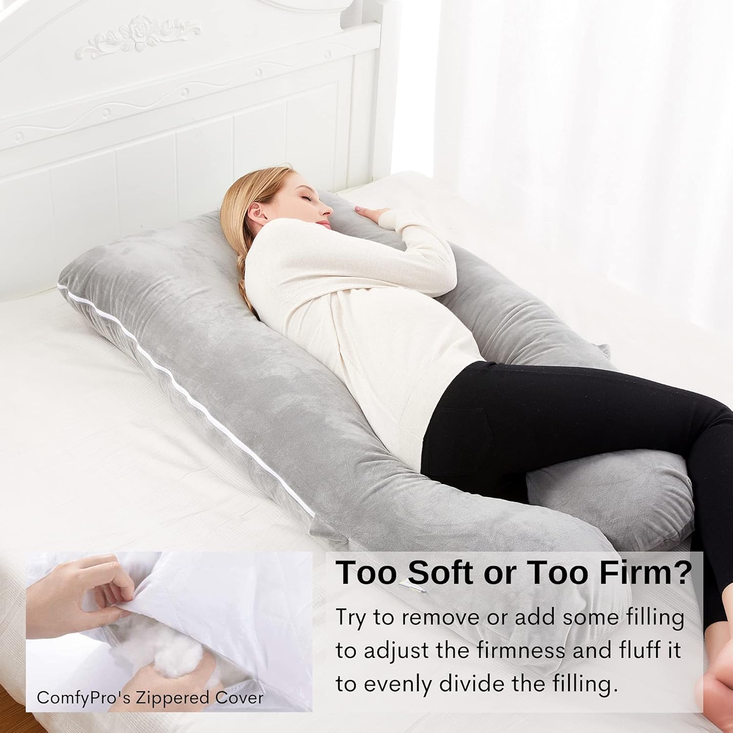 COMFYPRO Almohada de embarazo  Almohada de maternidad transpirable 100% poliéster con funda de terciopelo suave lavable con cremallera  Almohada de