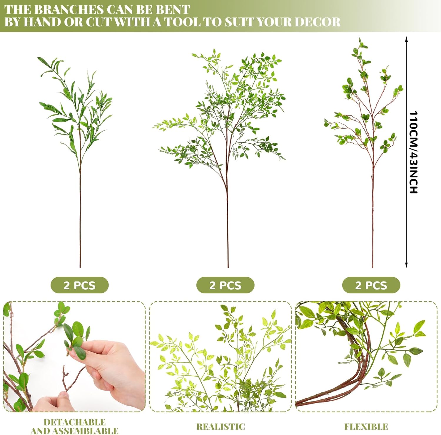 6 unidades de 43 pulgadas de hojas de plantas artificiales, incluyendo Nandina Domestica de vegetación sintética, ramas de ficus artificiales