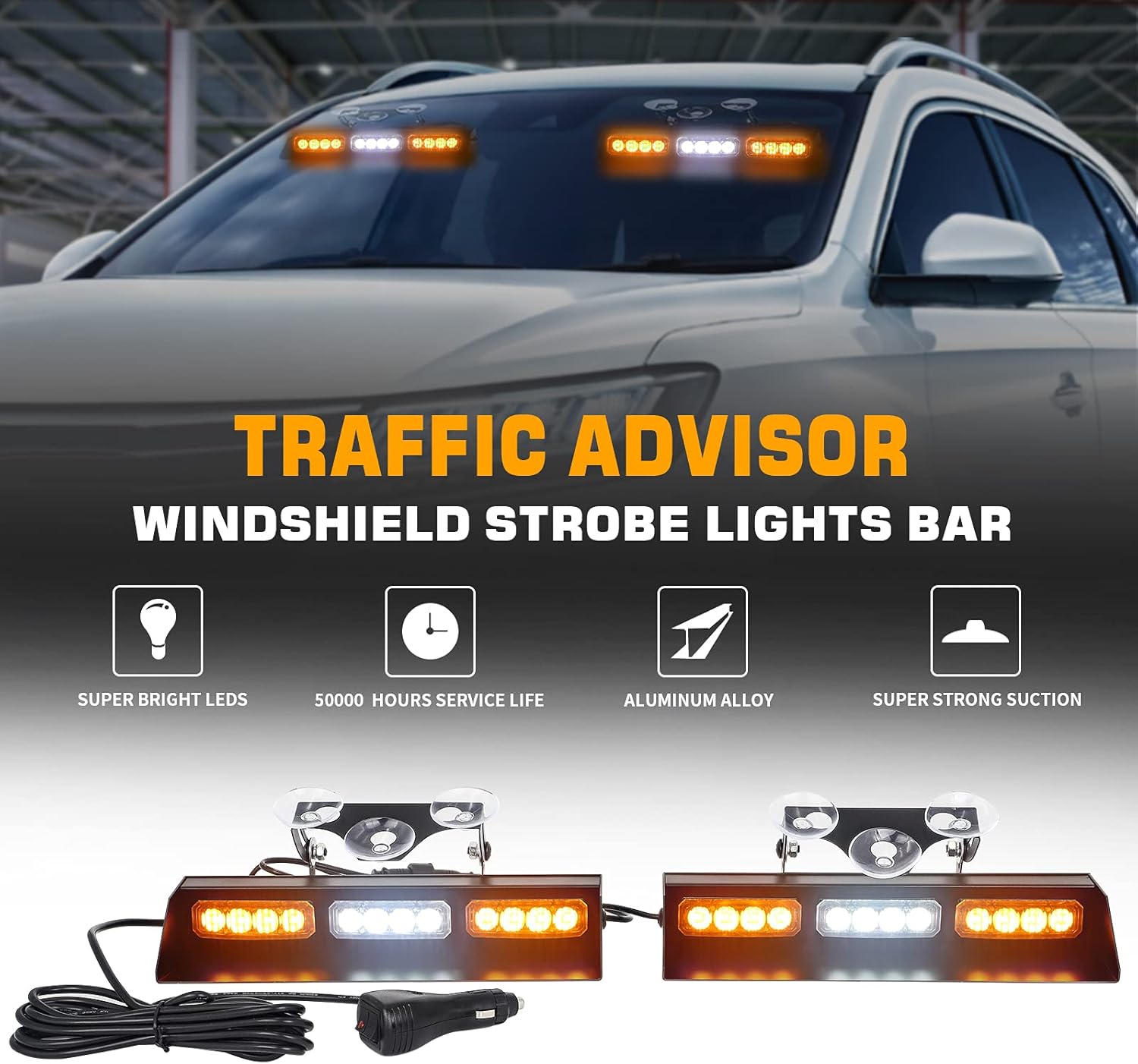 XRIDONSEN 2 tiras de luces estroboscópicas de emergencia de camión de 70 pulgadas y luces estroboscópicas de emergencia blanco ámbar para parabrisas