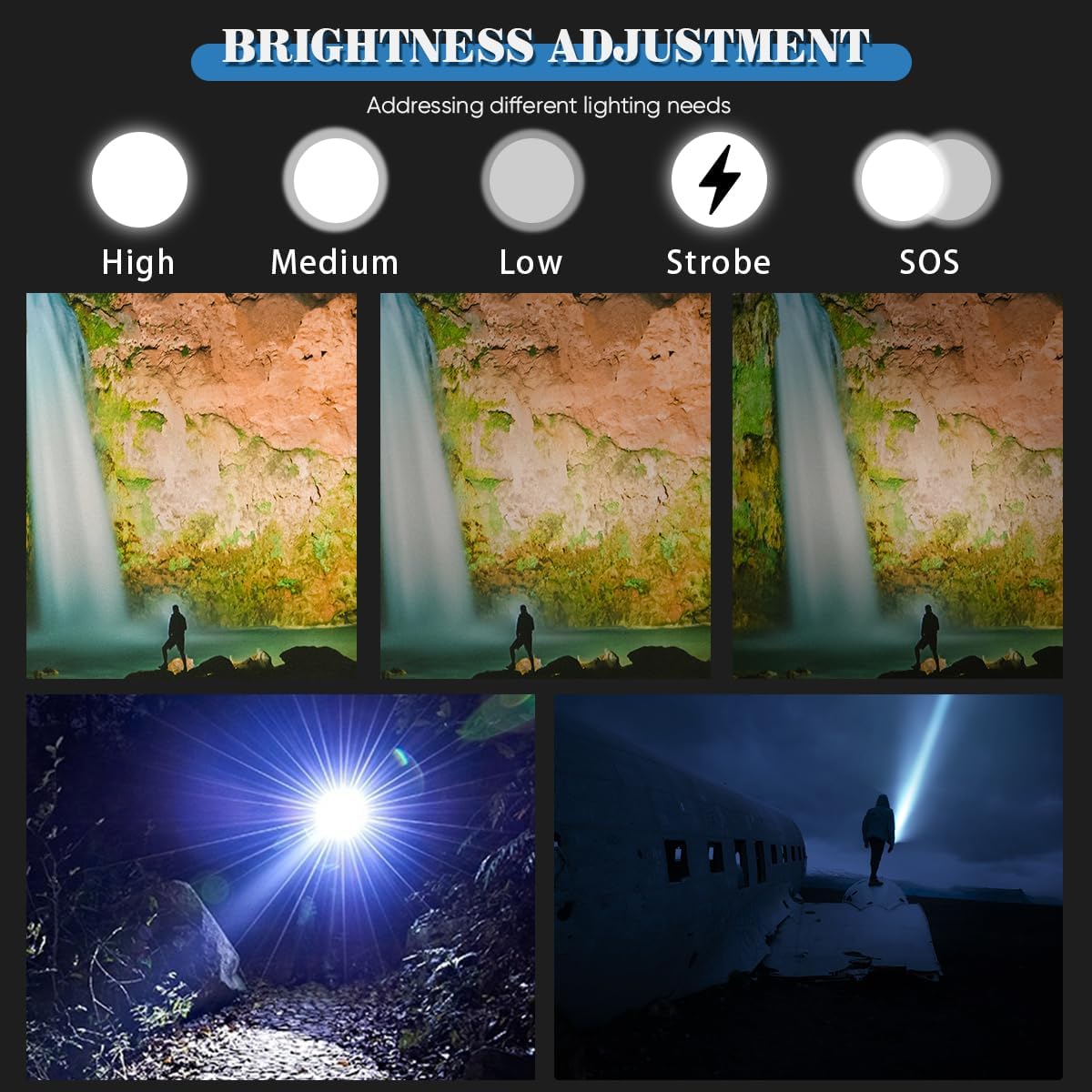 Linternas recargables de alto lúmenes, 10000000 de alta luz de flash de lúmenes con pantalla de alimentación digital y 5 modos de linterna de alta