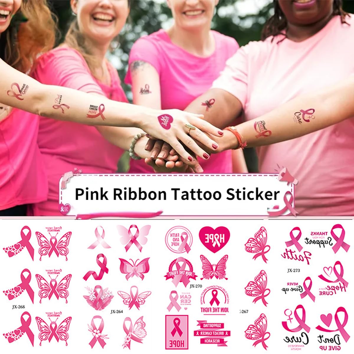 Tatuajes temporales de cáncer de mama para mujeres, 10 hojas de decoración de fiesta de cáncer de mama, cinta rosa, tatuajes falsos, regalos para