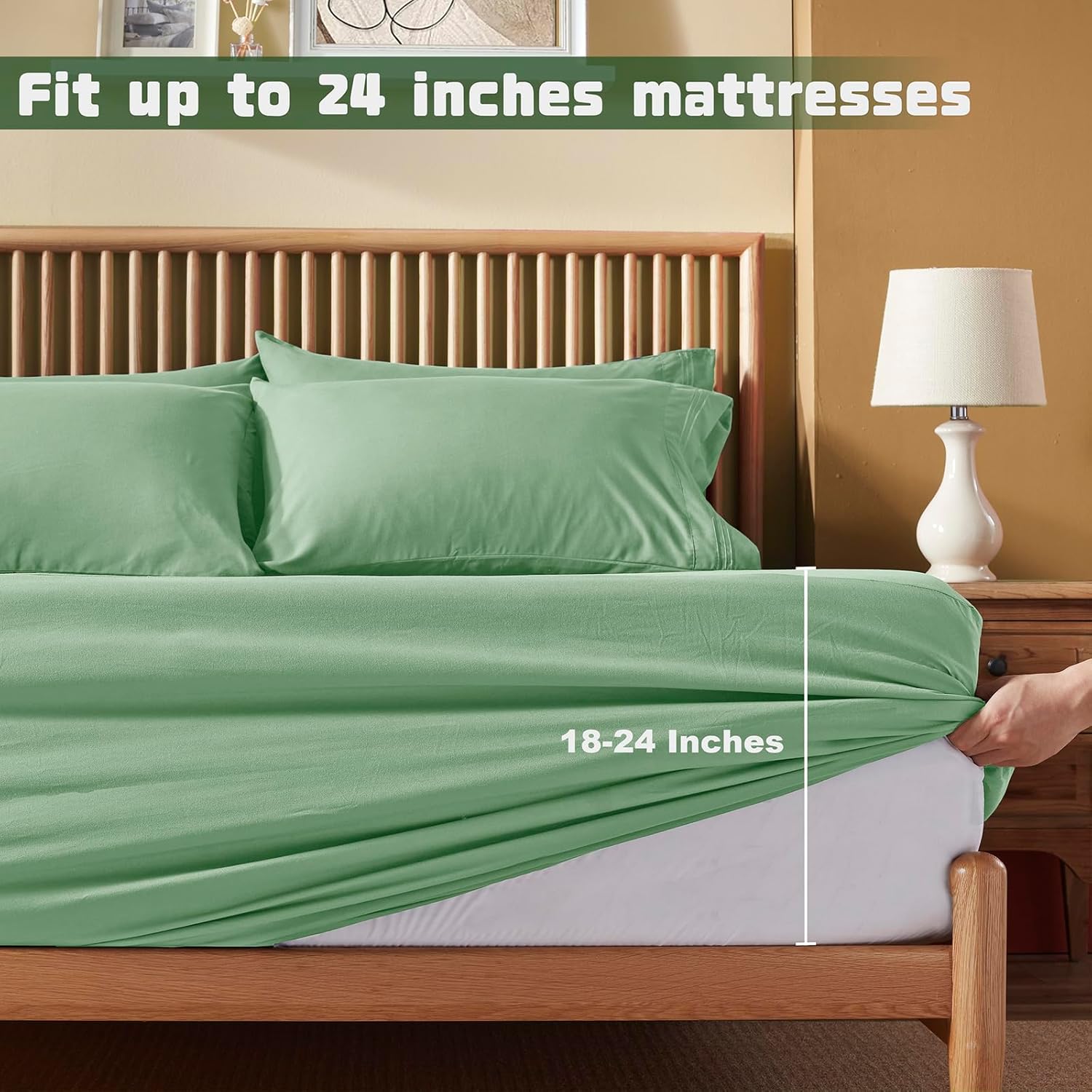 Homiest Juego de sábanas de bolsillo extra profundo, 6 piezas de sábanas suaves de color verde salvia de 18 a 24 pulgadas, sábanas de microfibra de