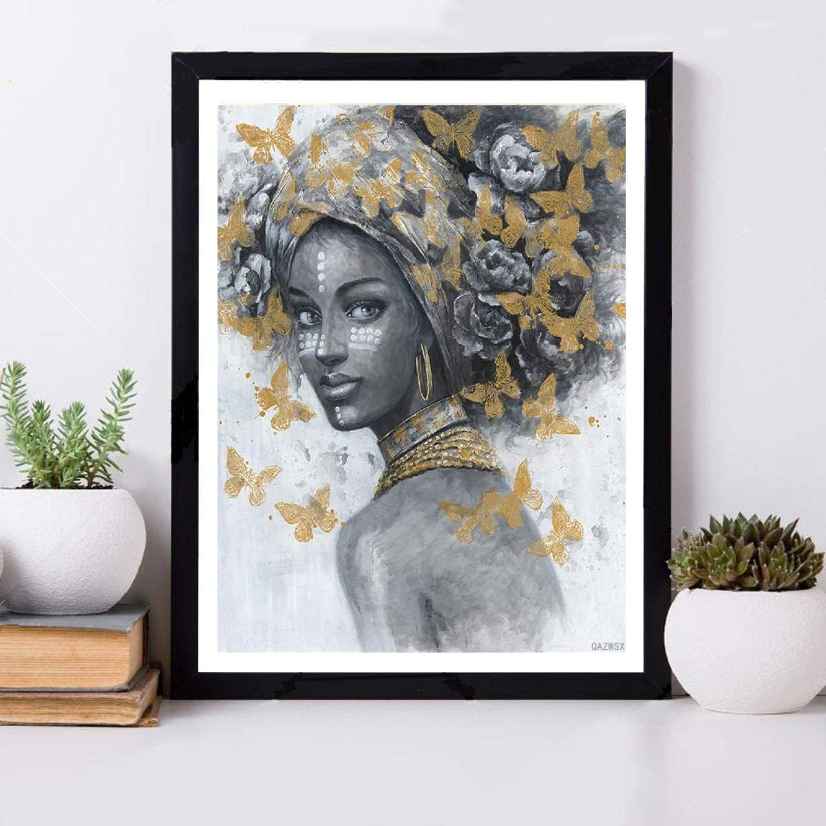 Pintura de diamantes afroamericanos para adultos por números, arte negro africano con diadema india y aretes de mariposa dorada, arte de diamantes