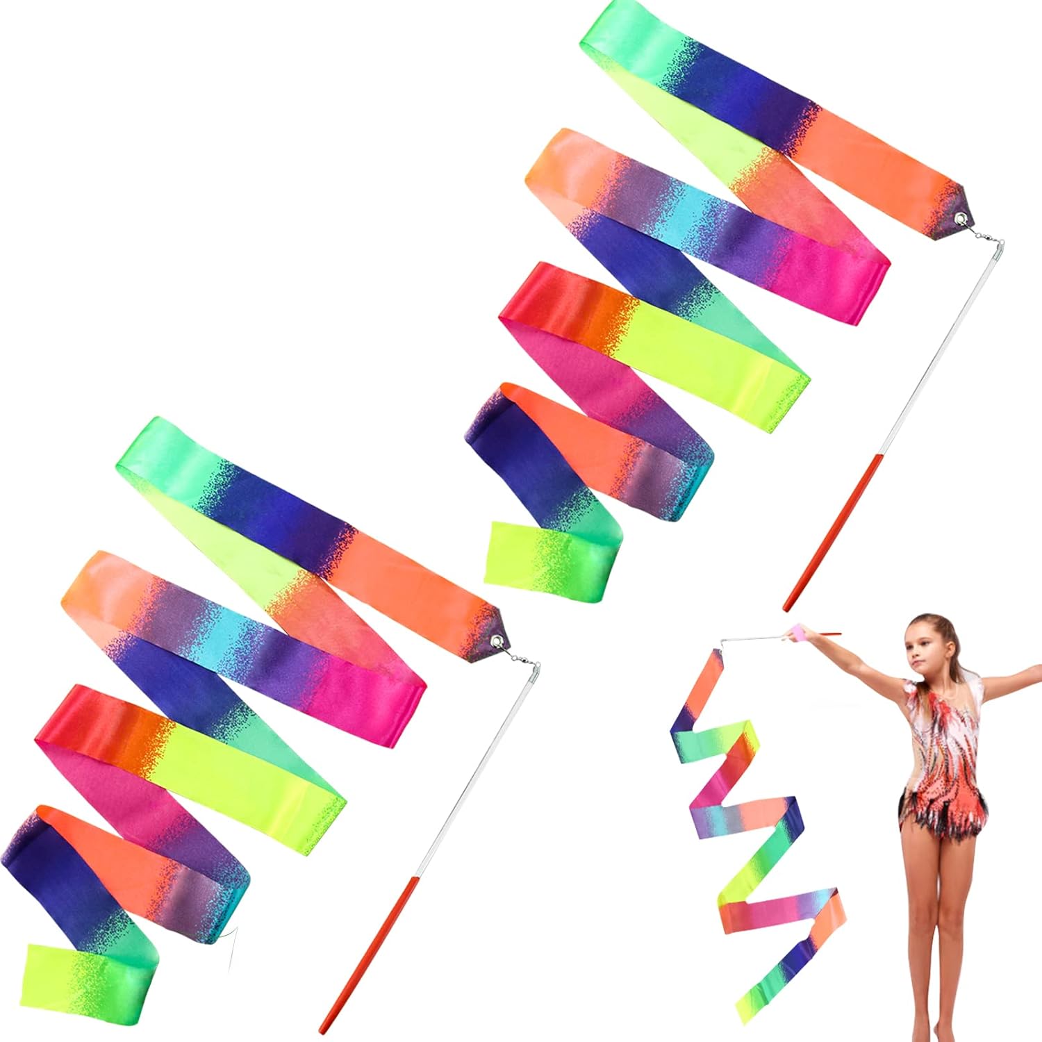 2 varitas de cinta para danza de arcoíris para niños, 78.74 pulgadas de cinta rítmica de gimnasia con varilla, cinta de arcoíris suave para danza
