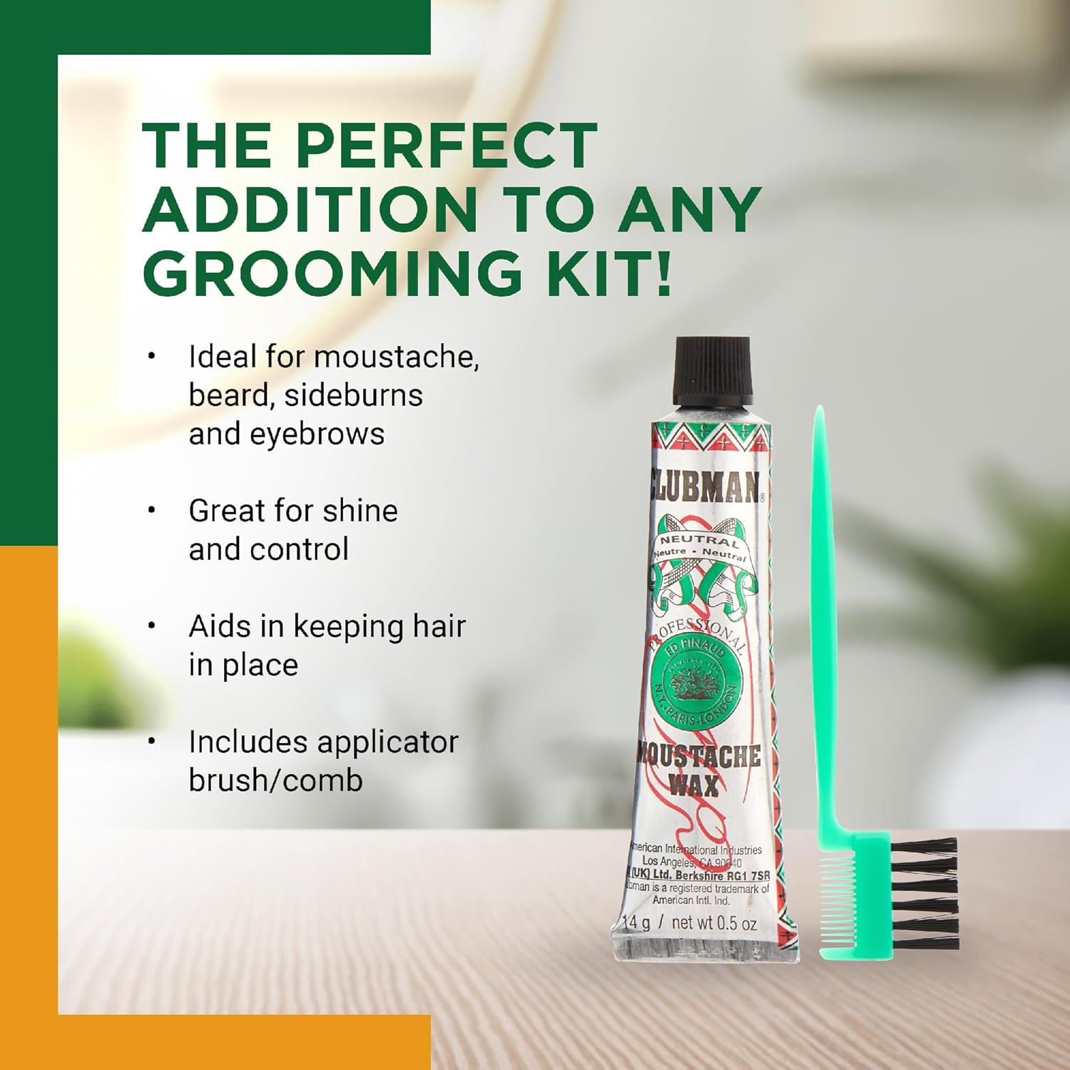 Clubman Pinaud – Cera para bigote con aplicador de peine, para peinar y mejorar el color, neutra, 0.5 onzas (paquete de 3)