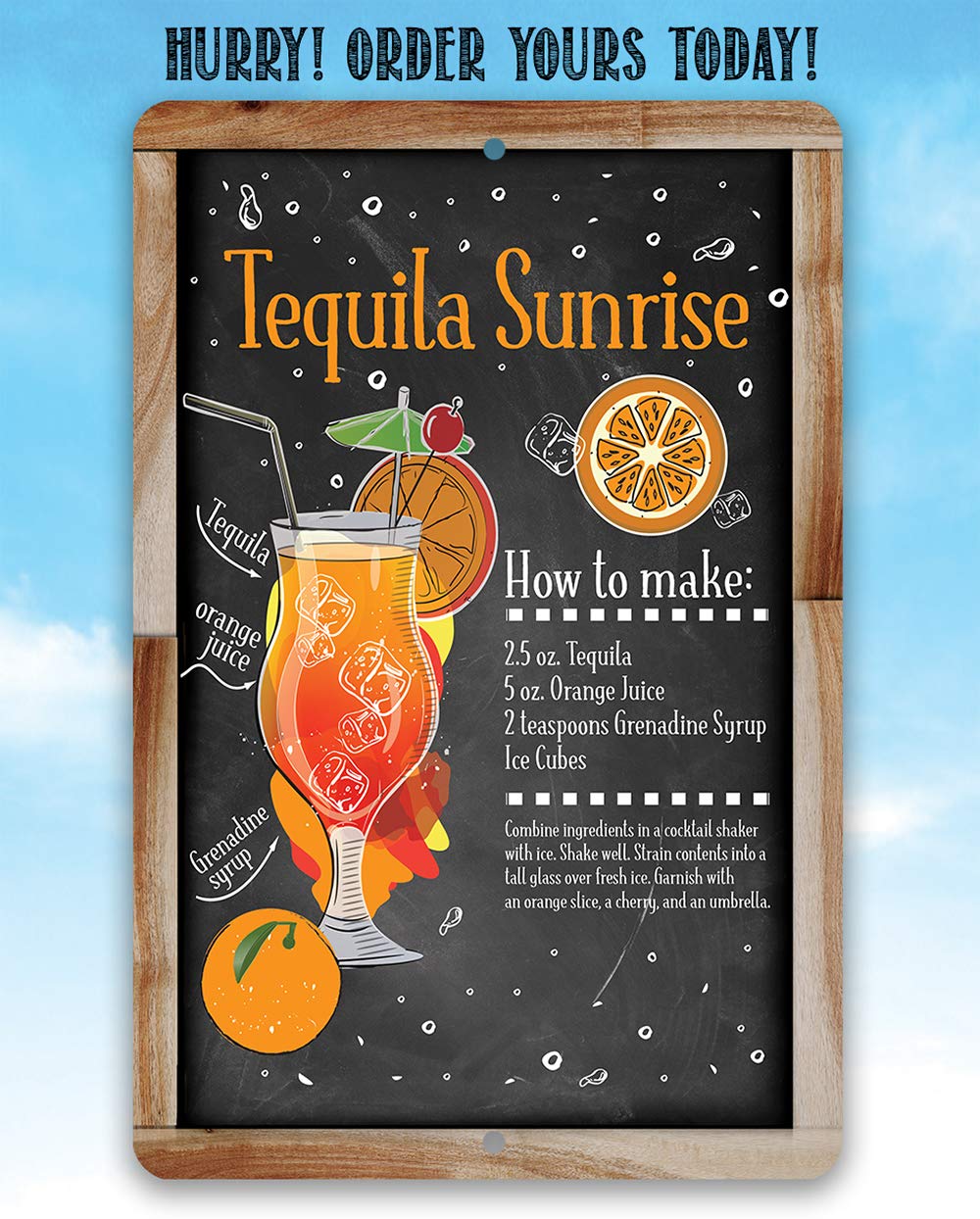 Tequila Sunrise Bar Recipe – Great Cocktail Drink Mix Decoration, Home Bar and Shed Decor, Kitchen and Bar Restaurant Display, 8×12 Indoors or