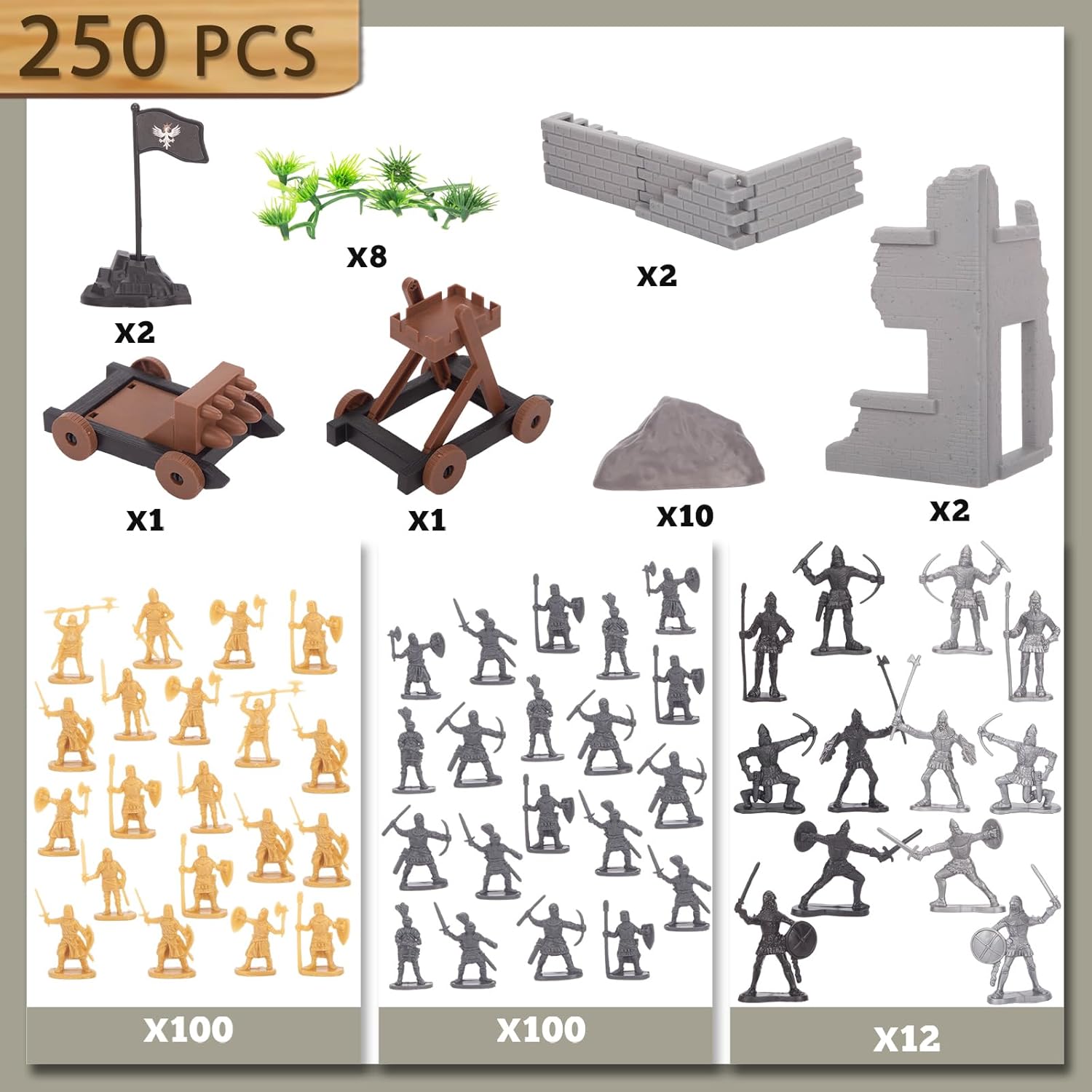 LovesTown 250 figuras de acción de caballero medieval, figuras de acción de caballero de juguete antiguo, figuras de guerrero antiguo con bolsa de
